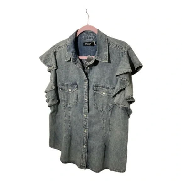 Ralph Lauren Blue Denim Ruffle Blouse - Picture 7 of 9